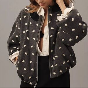 Anthropologie Maeve Charcoal gray Bubble Bomber Jacket floral modern Cottagecore